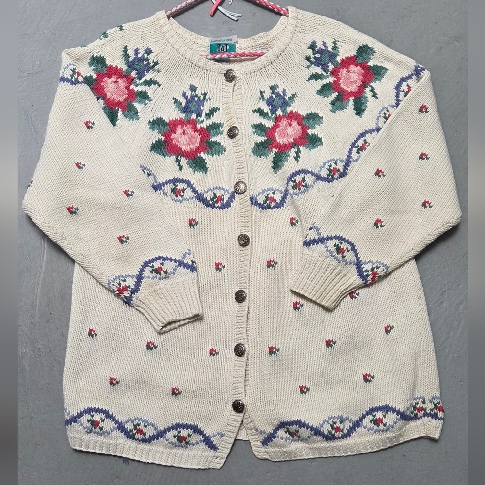 Vintage Tat Floral Hand Knitted Open Cardigan Coastal Sweater Sz L Ramie Blend